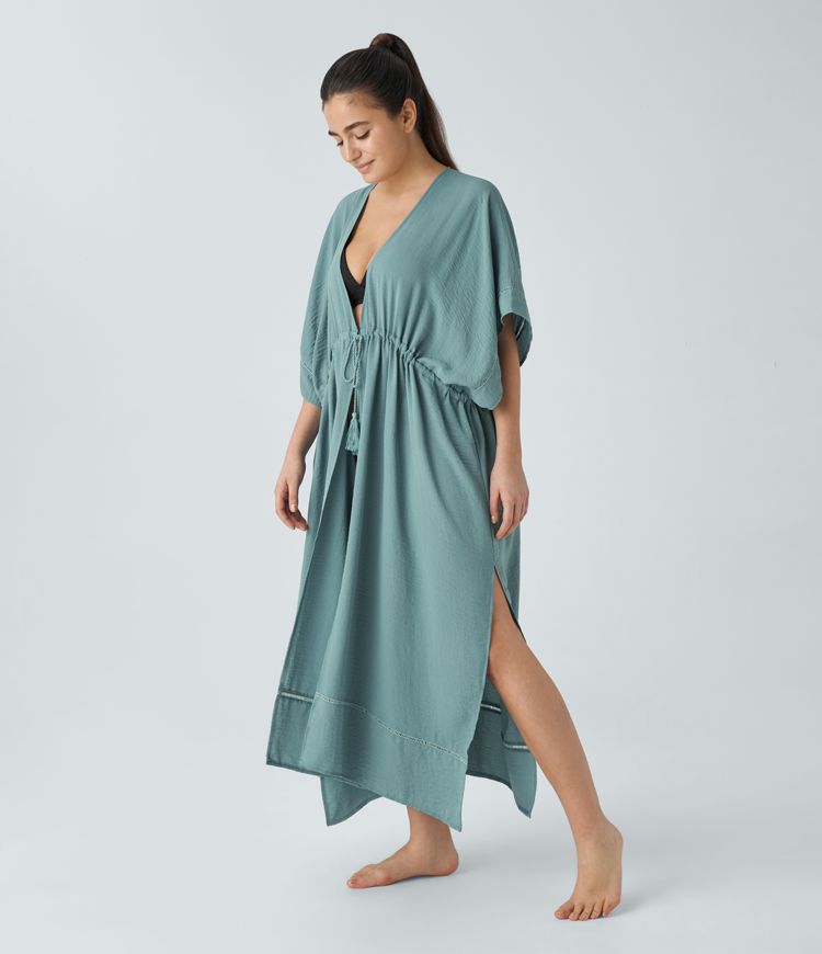 Bañador kimono fleco cordón delantero largo abertura tacto lino