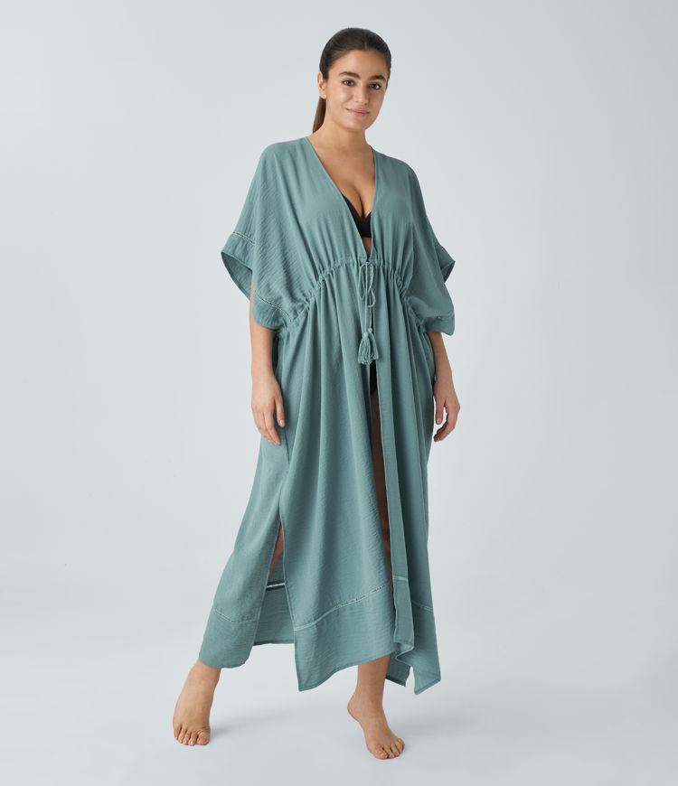 Bañador kimono fleco cordón delantero largo abertura tacto lino