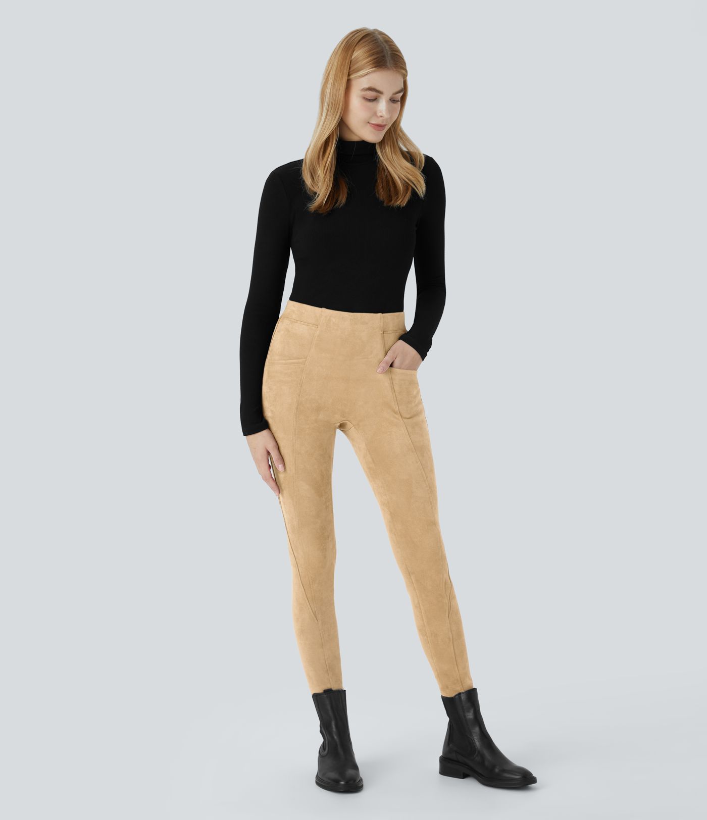 Legging décontracté en suédine taille haute, gainant, avec poches latérales