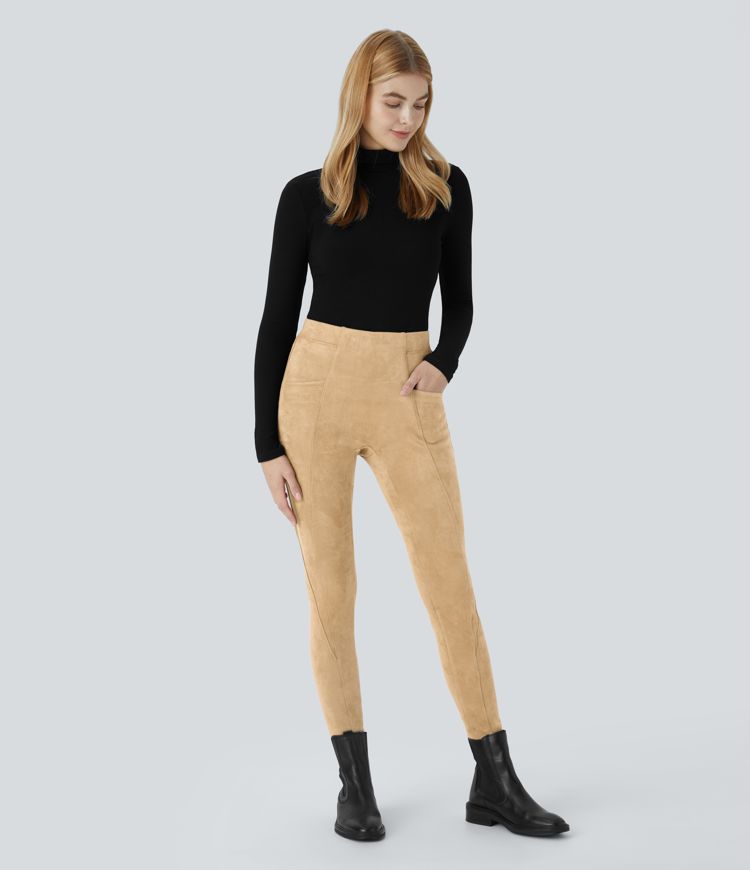 Legging décontracté en suédine taille haute, gainant, avec poches latérales