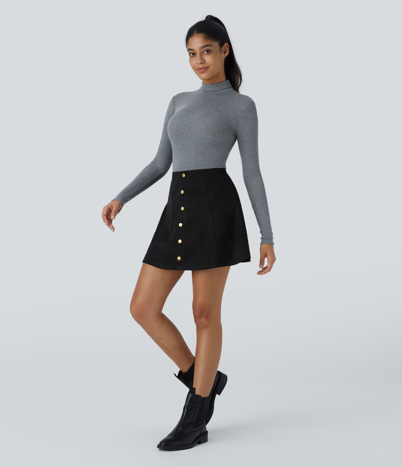 High Waisted Decorative 2-in-1 A Line Suede Mini Casual Skirt