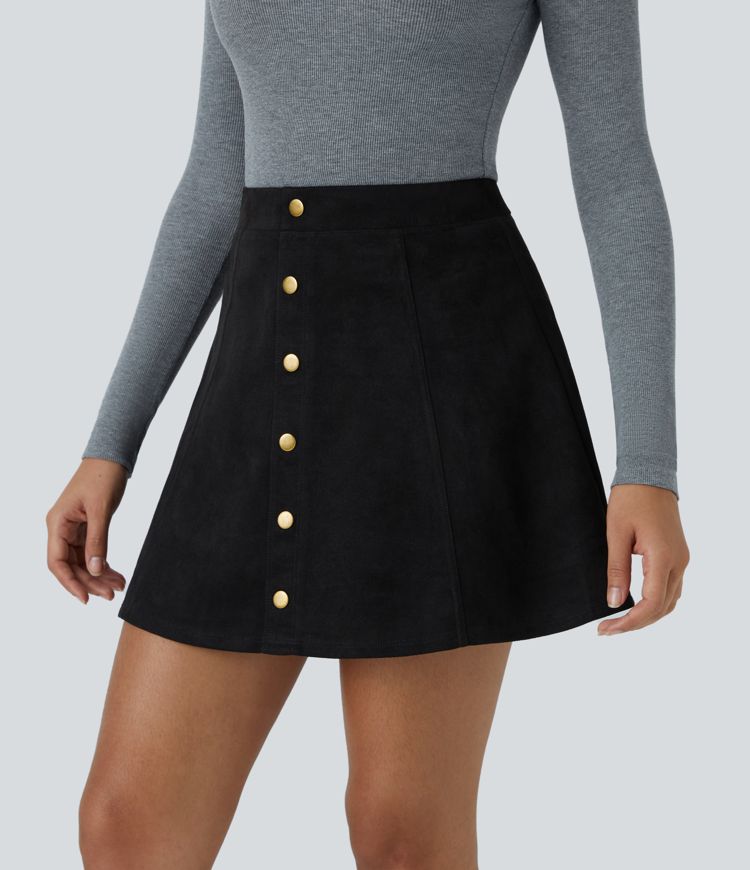 High Waisted Decorative 2-in-1 A Line Suede Mini Casual Skirt