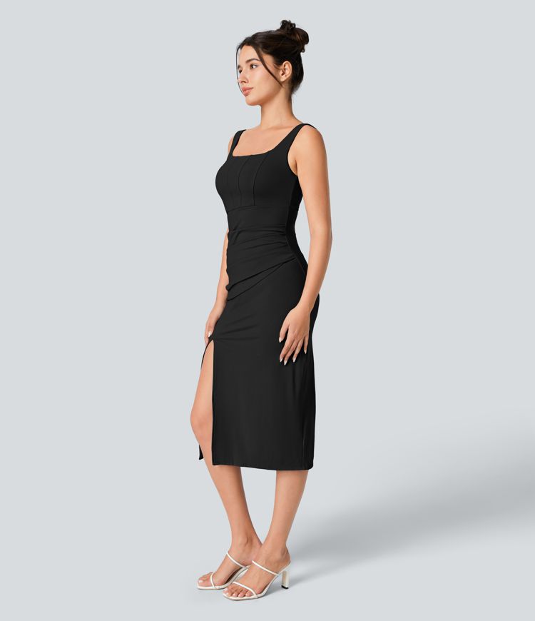 Square Neck Backless Corset Ruched Split Bodycon Midi Casual Dress