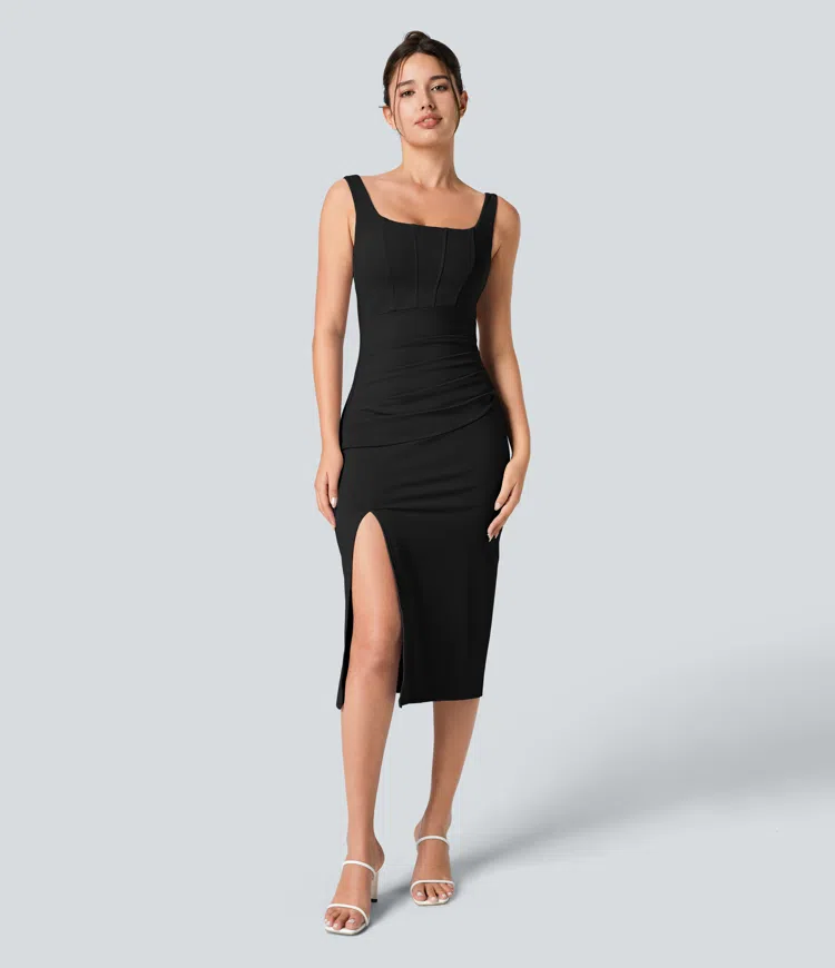 Figurbetontes Midi-Freizeitkleid mit Schlitz, rückenfreiem Korsett mit quadratischem Ausschnitt und Rüschen