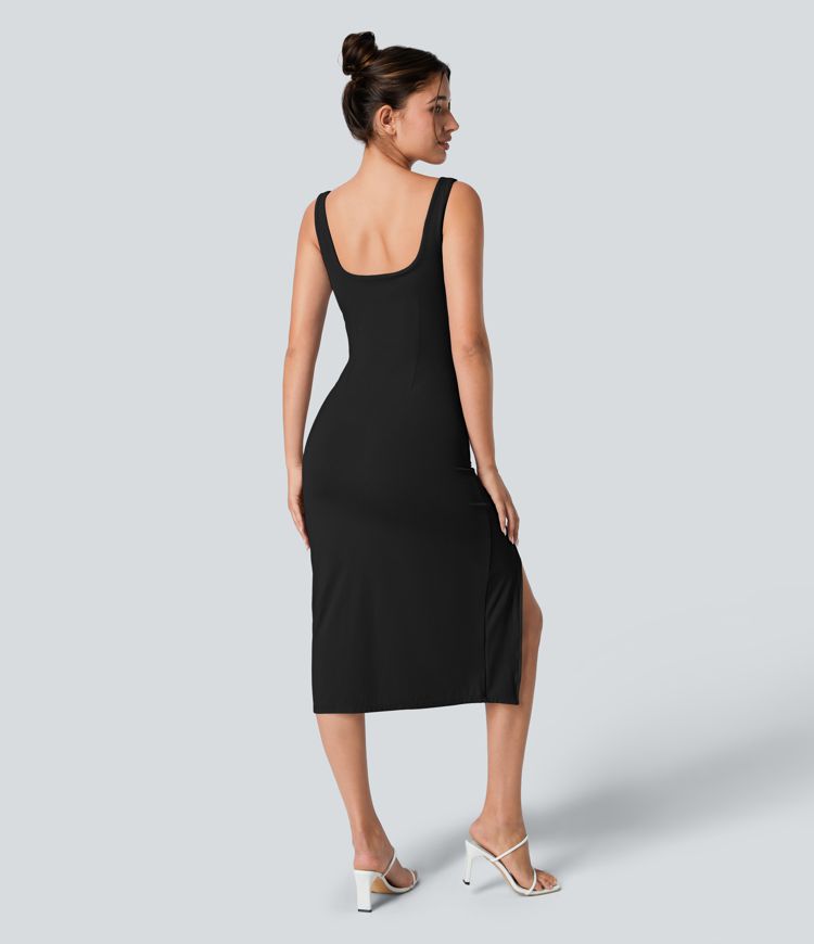 Square Neck Backless Corset Ruched Split Bodycon Midi Casual Dress