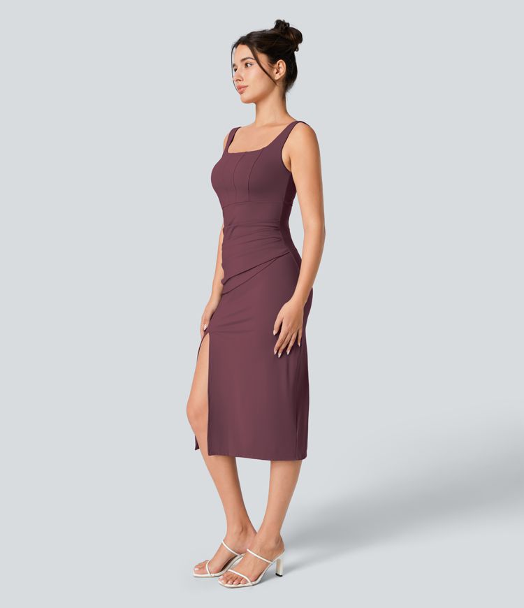 Robe Casual Midi Corset Moulante Encolure Carrée Dos Nu Ruchée