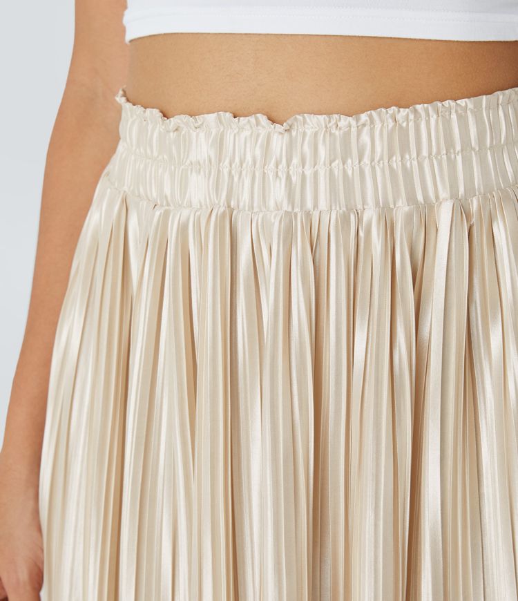 High waist pleated flowy maxi satin-like casual skirt