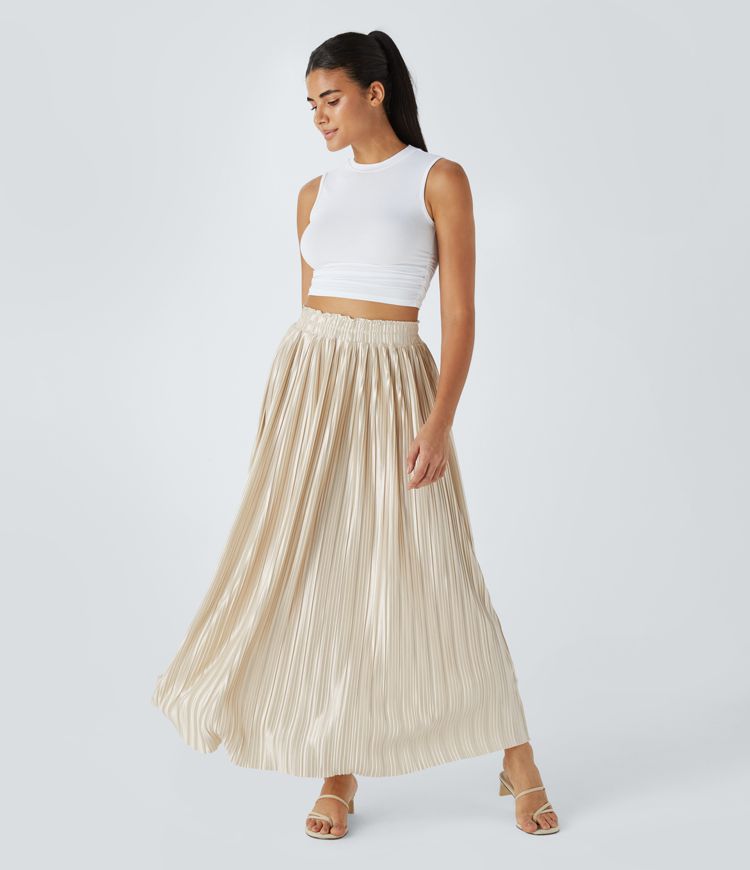 High waist pleated flowy maxi satin-like casual skirt