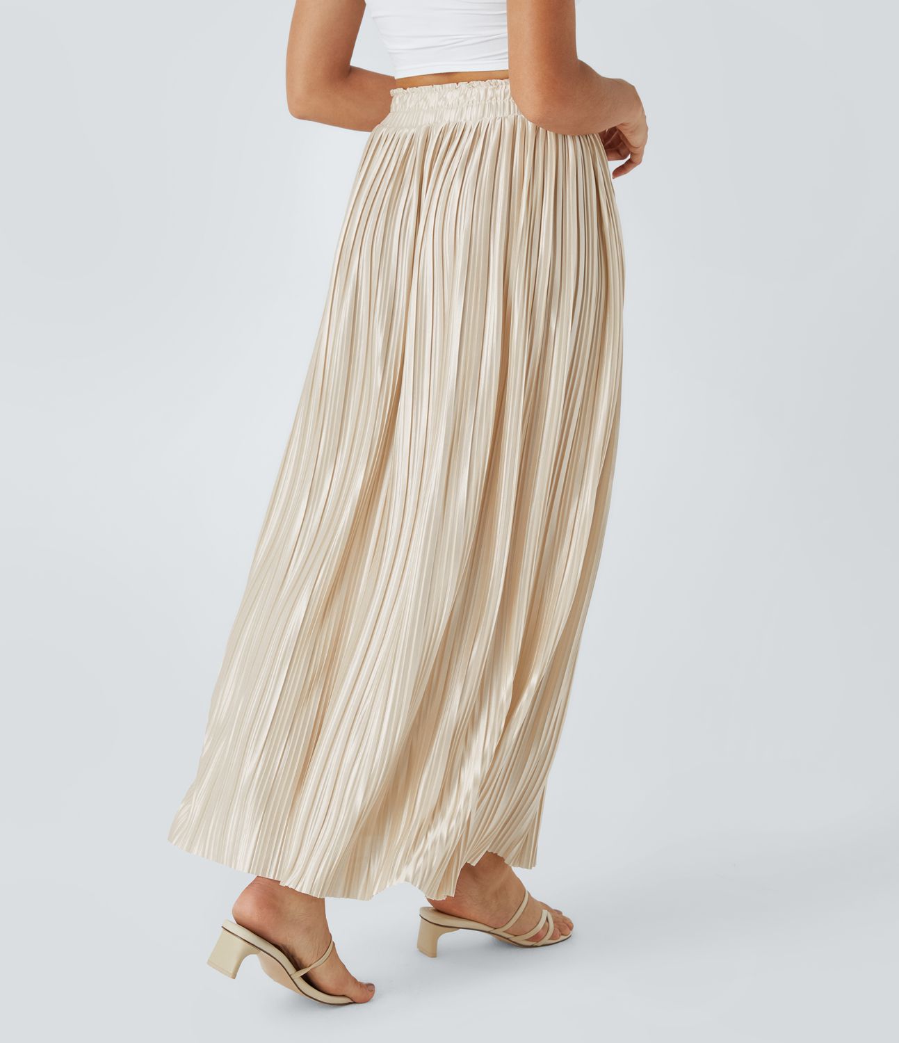 High waist pleated flowy maxi satin-like casual skirt