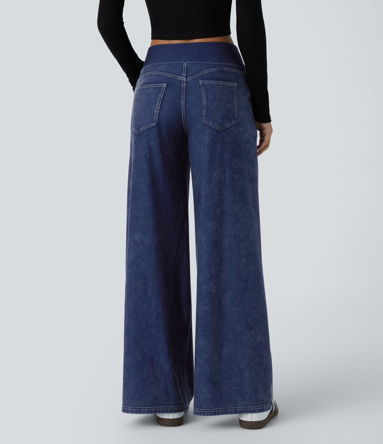 Jean large délavé Halara Flex™ taille basse repliable avec poches multiples