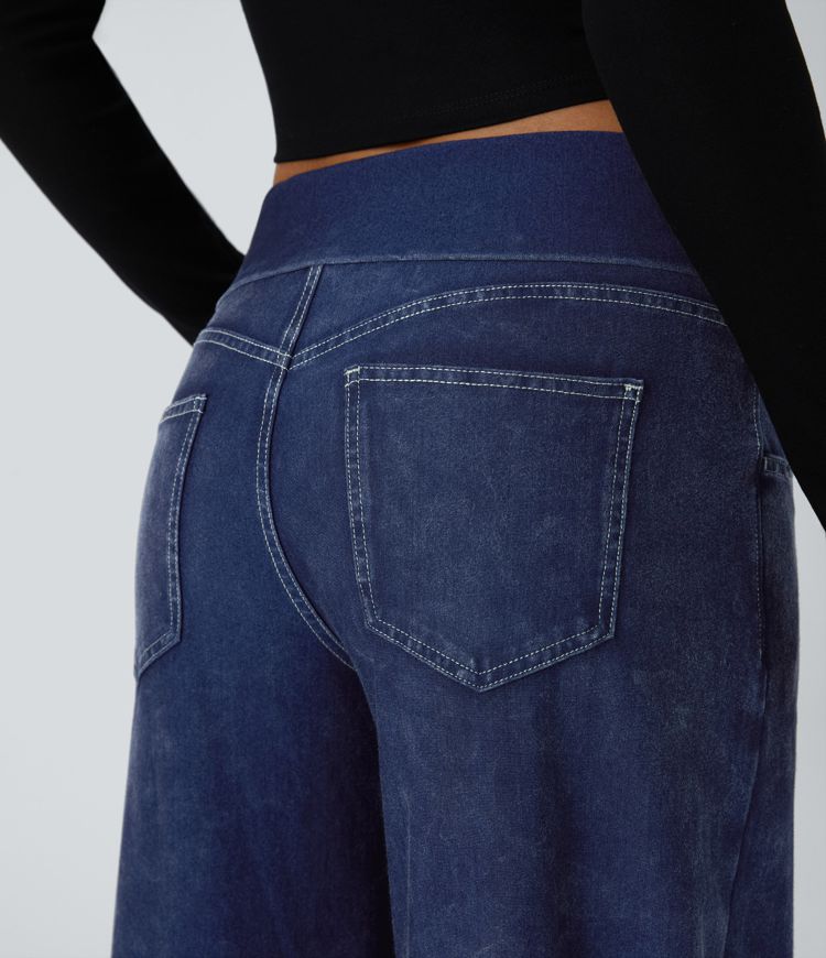 Jean large délavé Halara Flex™ taille basse repliable avec poches multiples