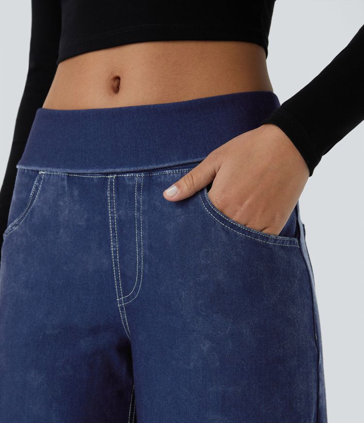 Jean large délavé Halara Flex™ taille basse repliable avec poches multiples