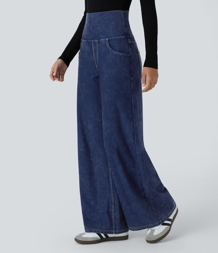 Jean large délavé Halara Flex™ taille basse repliable avec poches multiples