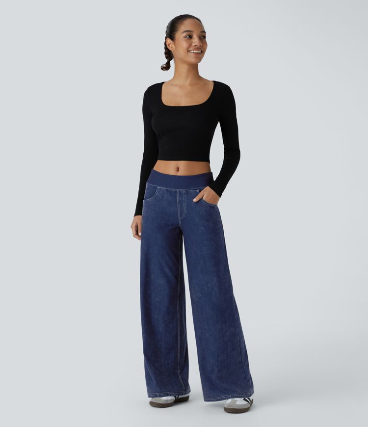 Jean large délavé Halara Flex™ taille basse repliable avec poches multiples