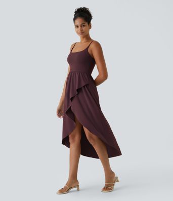 Breezeful™ Rückenfreies, lässiges, 2-teiliges Flowy-Midikleid mit Seitentaschen und asymmetrischem Crossover-Saum, schnell trocknend