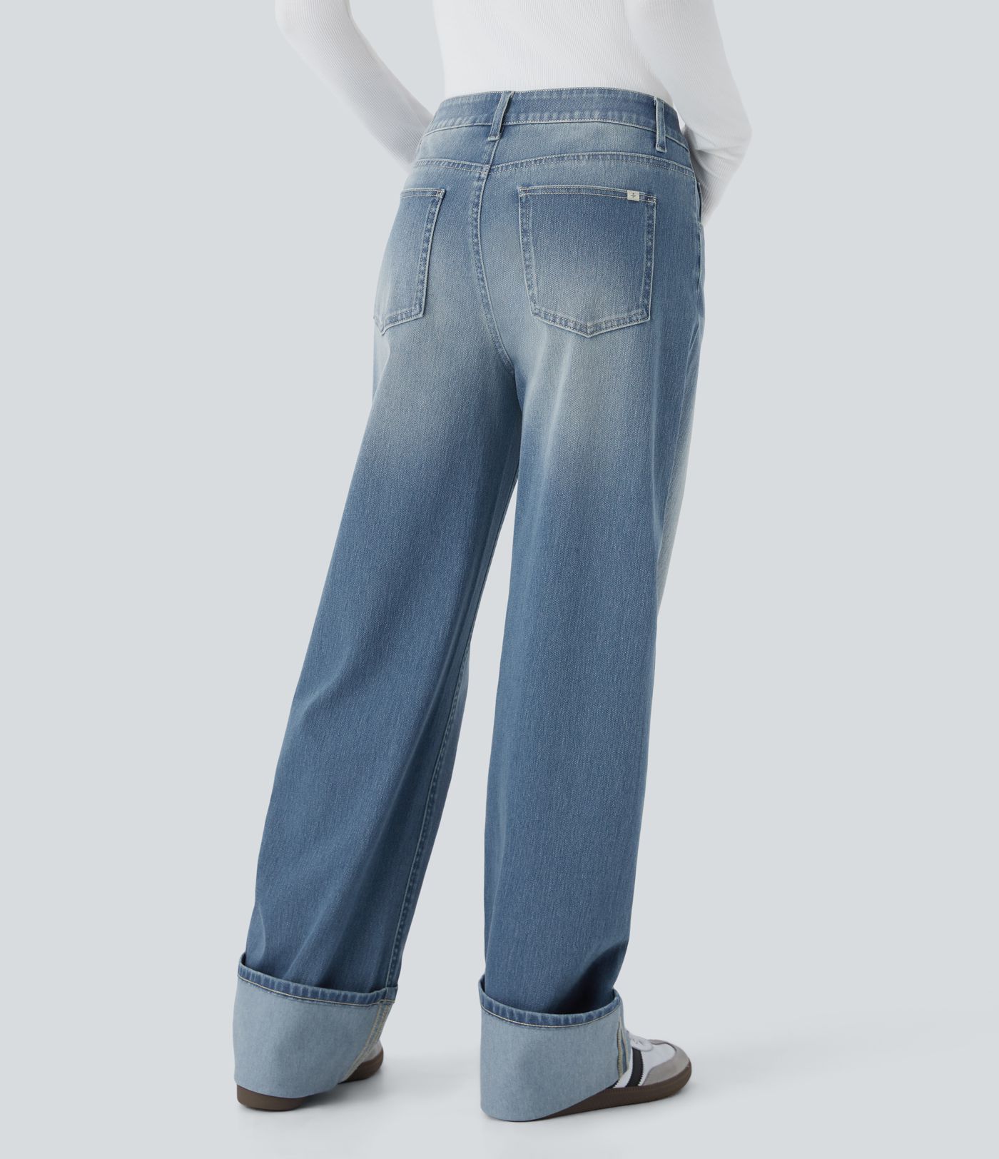 Halara Flex™ Low Rise Baggy Jeans, Boyfriendjeans mit Knopf, Reißverschluss, mehreren Taschen Verwaschener Stretch-Strick