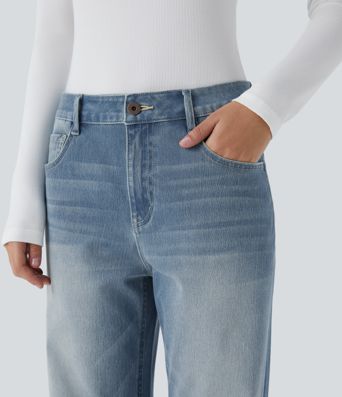 Halara Flex™ Low Rise Baggy Jeans, Boyfriendjeans mit Knopf, Reißverschluss, mehreren Taschen Verwaschener Stretch-Strick