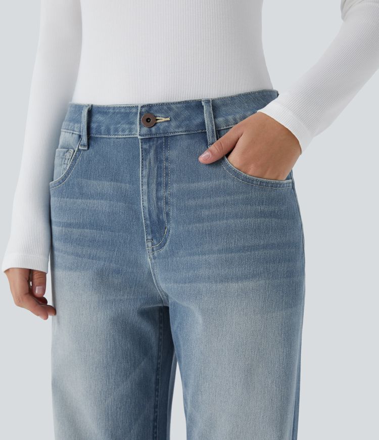 Halara Flex™ Low Rise Baggy Jeans, Boyfriendjeans mit Knopf, Reißverschluss, mehreren Taschen Verwaschener Stretch-Strick