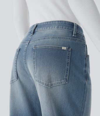 Halara Flex™ Low Rise Baggy Jeans, Boyfriendjeans mit Knopf, Reißverschluss, mehreren Taschen Verwaschener Stretch-Strick
