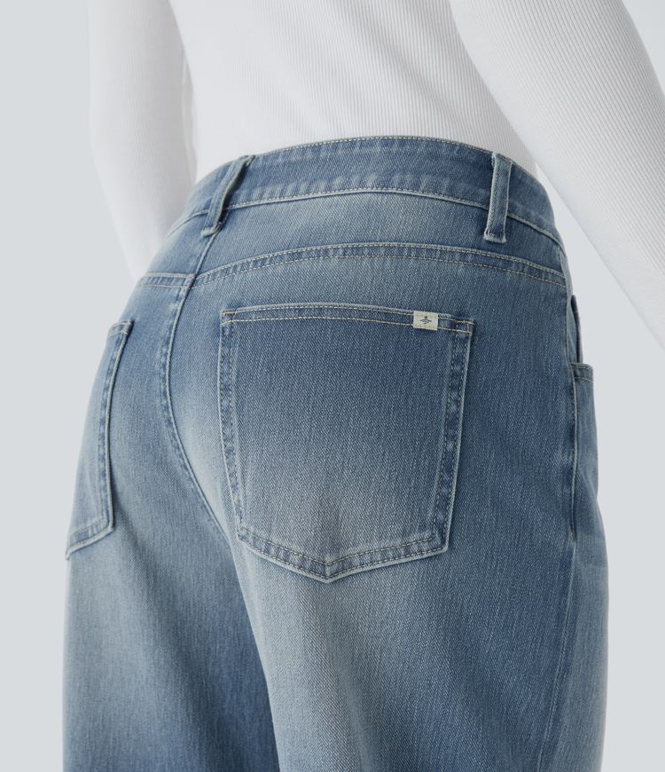 Halara Flex™ Low Rise Baggy Jeans, Boyfriendjeans mit Knopf, Reißverschluss, mehreren Taschen Verwaschener Stretch-Strick
