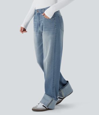 Halara Flex™ Low Rise Baggy Jeans, Boyfriendjeans mit Knopf, Reißverschluss, mehreren Taschen Verwaschener Stretch-Strick