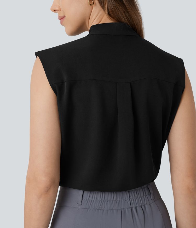 V Neck Tie Front Sleeveless Work Linen-Feel Shirt