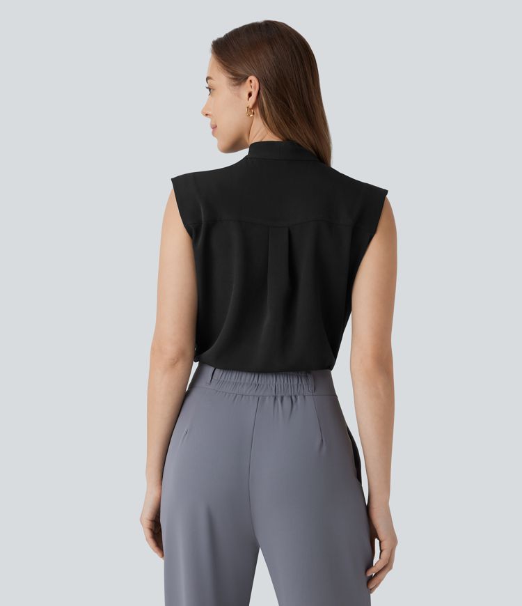 V Neck Tie Front Sleeveless Work Linen-Feel Shirt