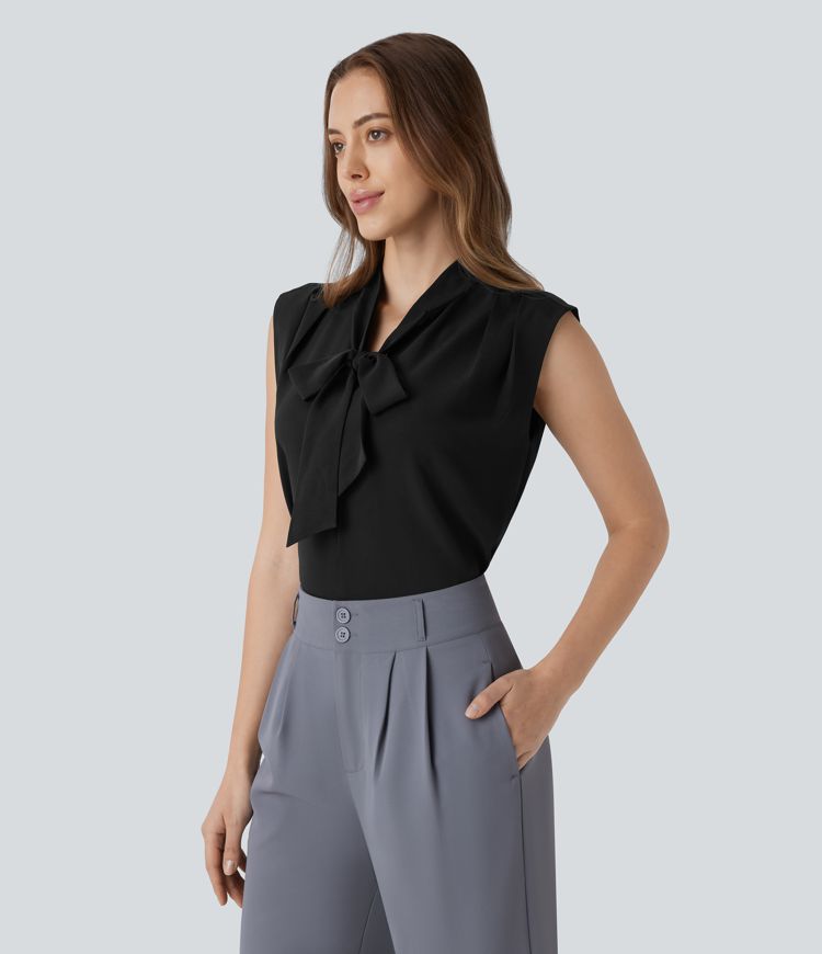 V Neck Tie Front Sleeveless Work Linen-Feel Shirt