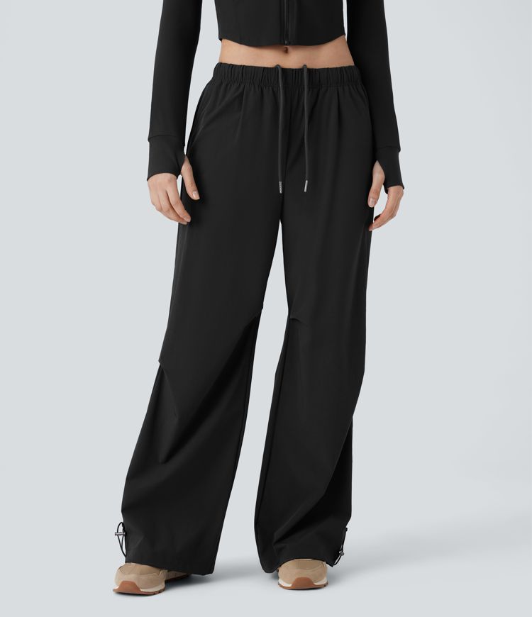 Low Rise Drawstring Pocket Adjustable Hem Baggy Wide Leg Workout Pants