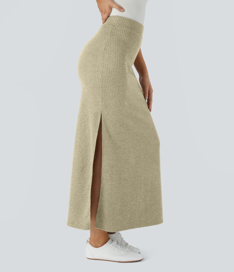 Ribbed High Waisted Split Hem A Line Maxi Casual Skirt