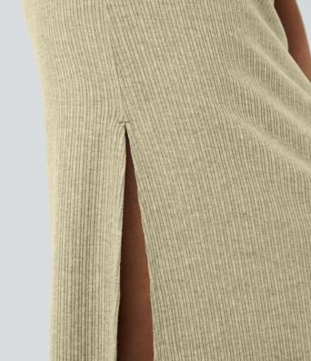 Ribbed High Waisted Hem A Line Maxi Casual Skirt