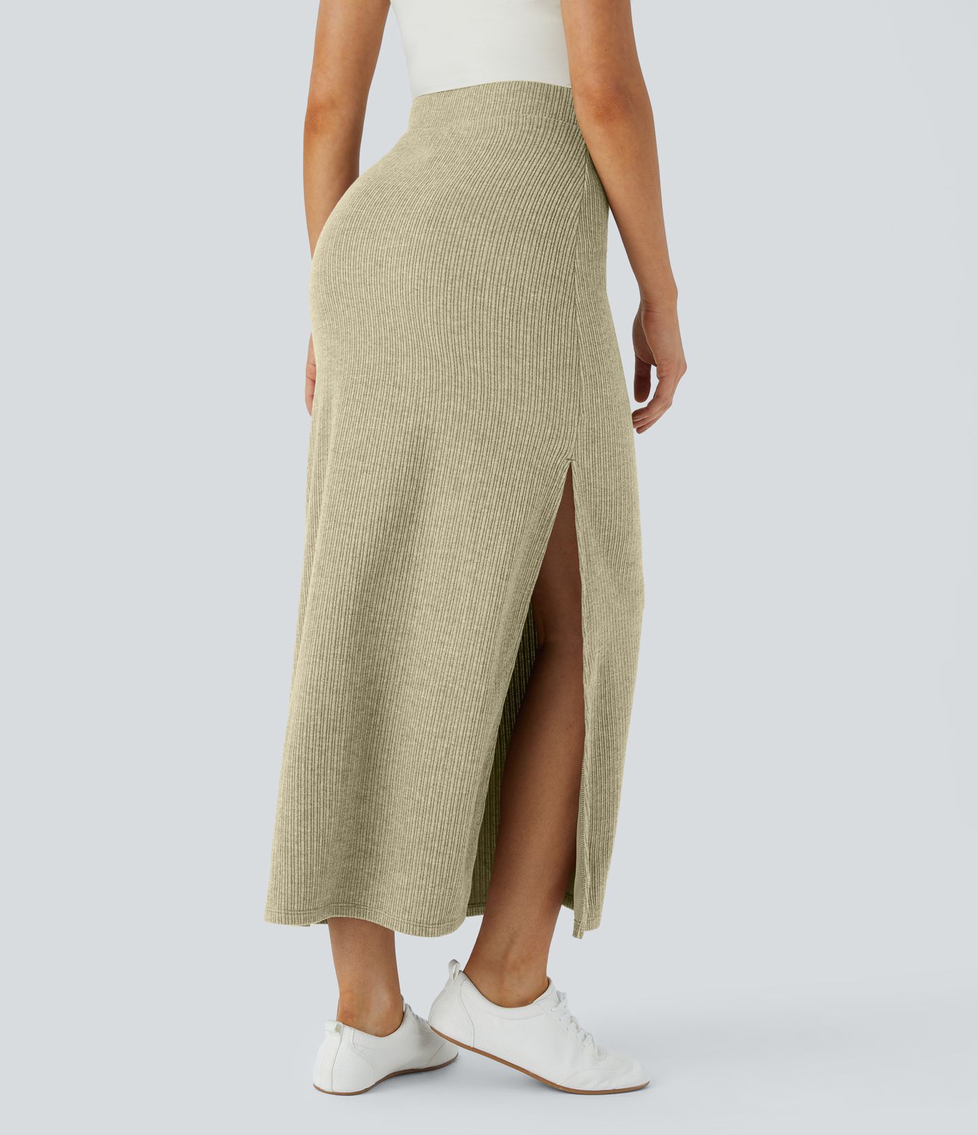 Ribbed High Waisted Hem A Line Maxi Casual Skirt