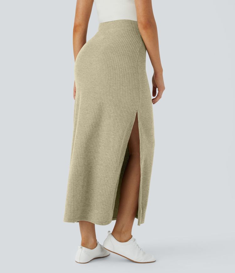 Ribbed High Waisted Split Hem A Line Maxi Casual Skirt