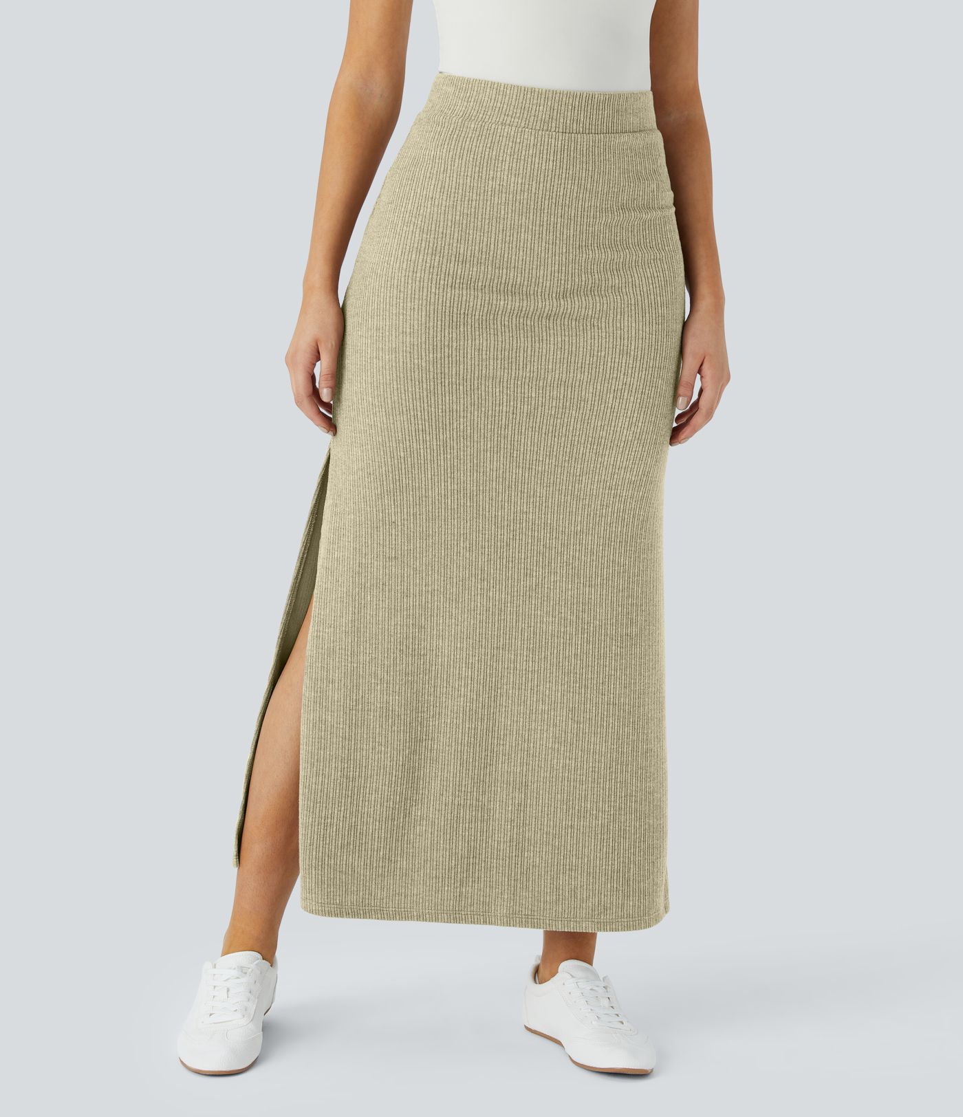 Ribbed High Waisted Hem A Line Maxi Casual Skirt