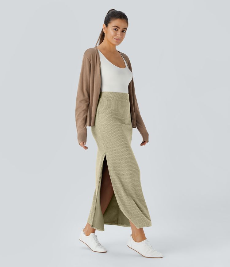 Ribbed High Waisted Hem A Line Maxi Casual Skirt