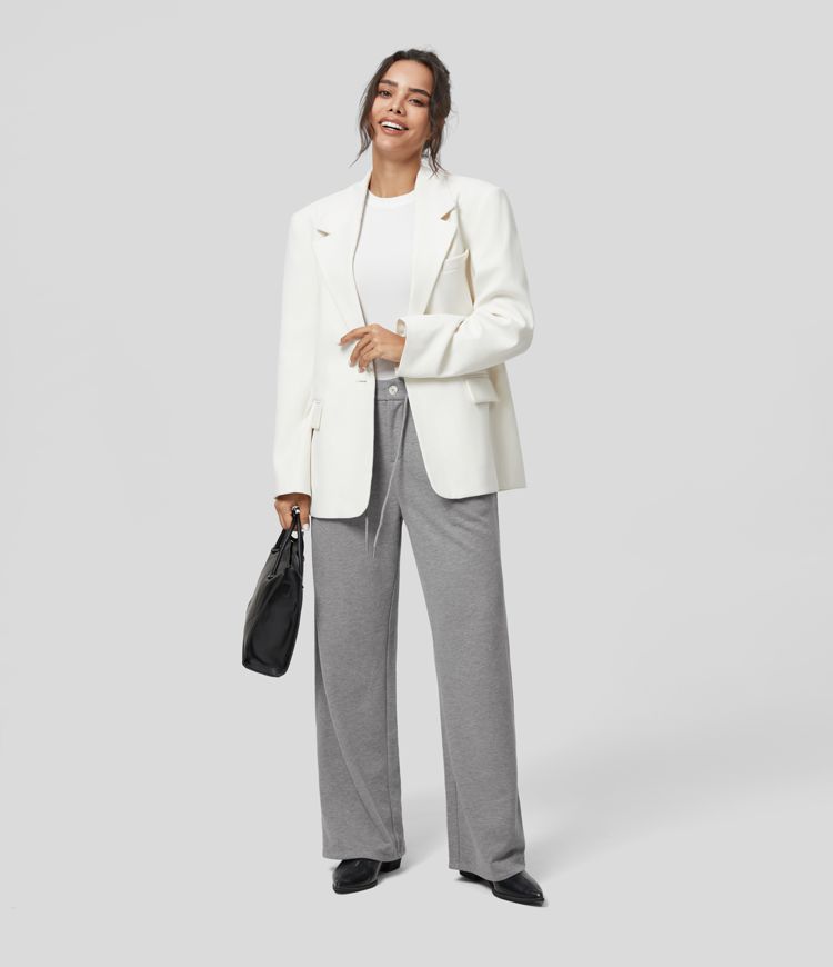 High Waisted Drawstring Button Zipper Side Pocket Straight Leg Work Cotton SweatTrousers