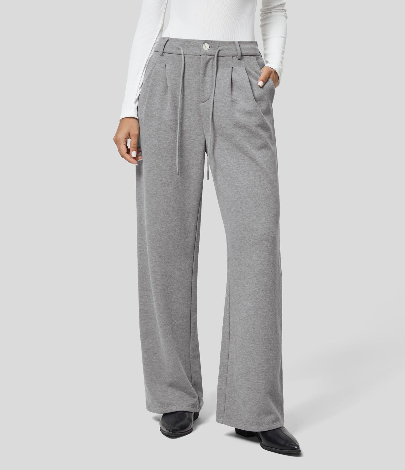 High Waisted Drawstring Button Zipper Side Pocket Straight Leg Work Cotton SweatTrousers