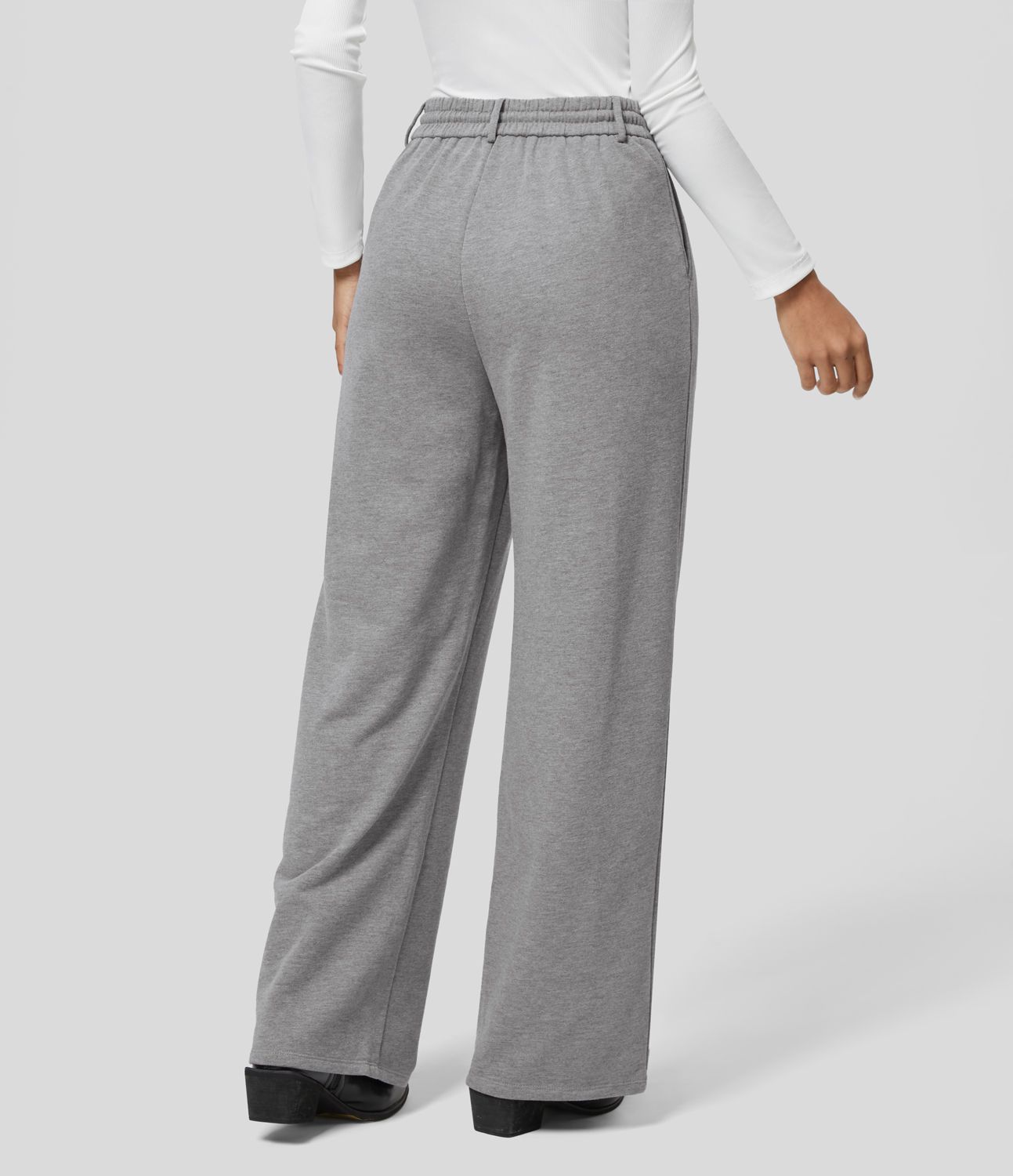 High Waisted Drawstring Button Zipper Side Pocket Straight Leg Work Cotton SweatTrousers