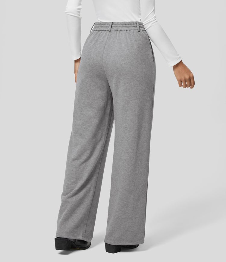 High Waisted Drawstring Button Zipper Side Pocket Straight Leg Work Cotton SweatTrousers