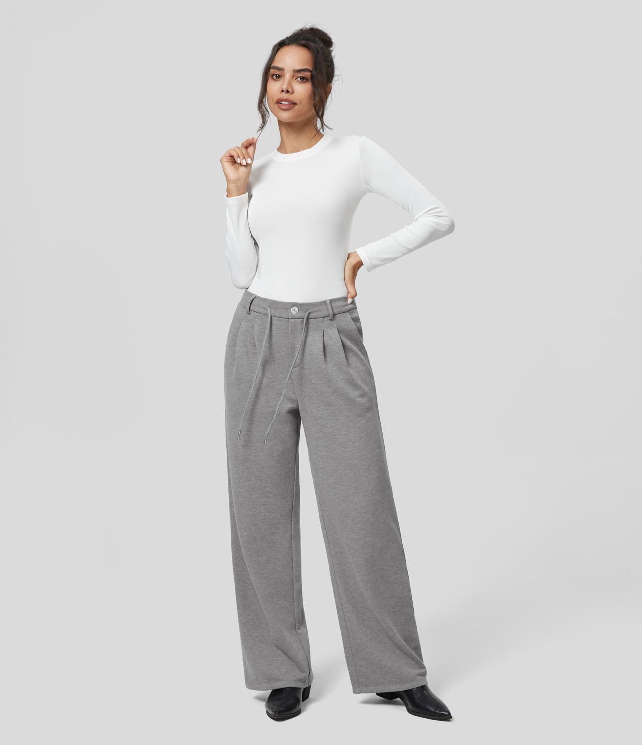 High Waisted Drawstring Button Zipper Side Pocket Straight Leg Work Cotton SweatTrousers