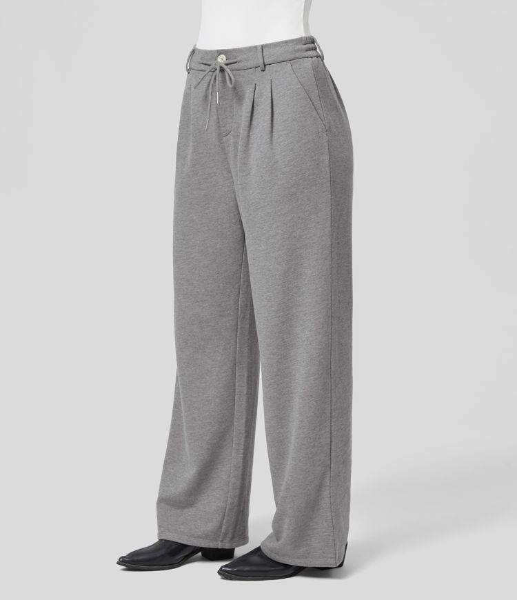 High Waisted Drawstring Button Zipper Side Pocket Straight Leg Work Cotton SweatTrousers
