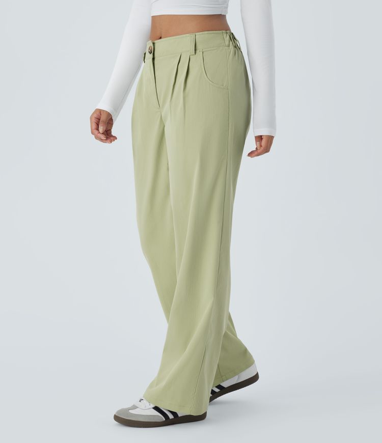Mid waist button zipper side pocket casual straight pants