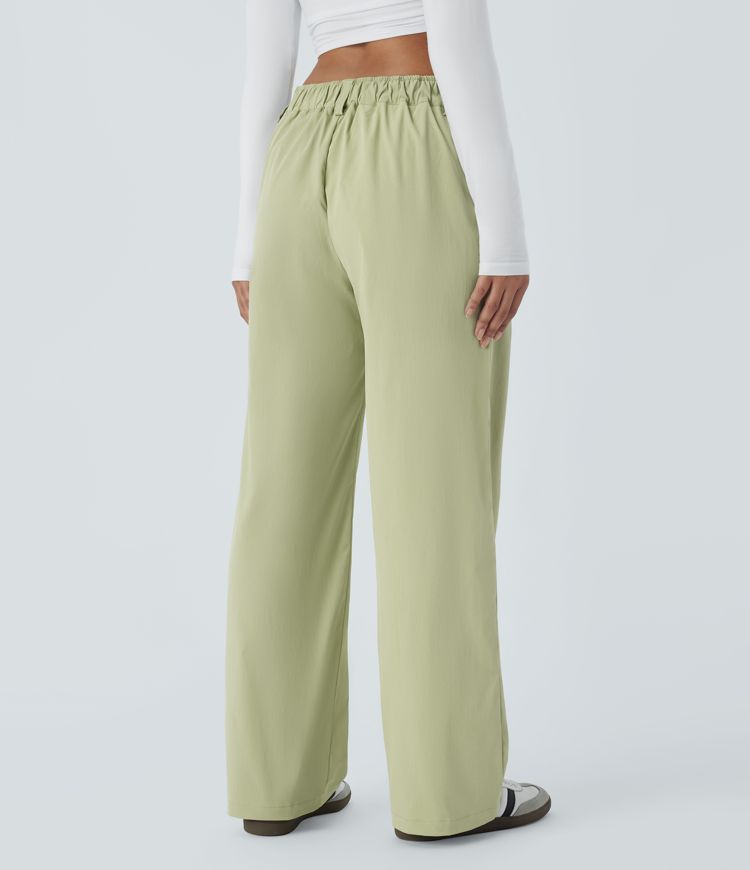 Mid waist button zipper side pocket casual straight pants