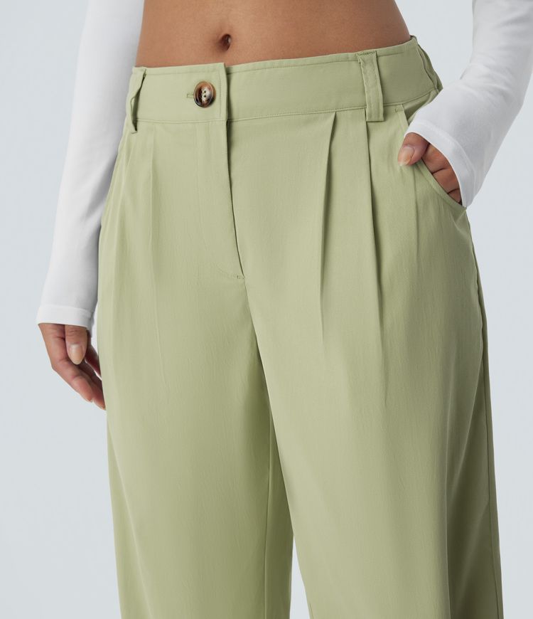 Mid waist button zipper side pocket casual straight pants