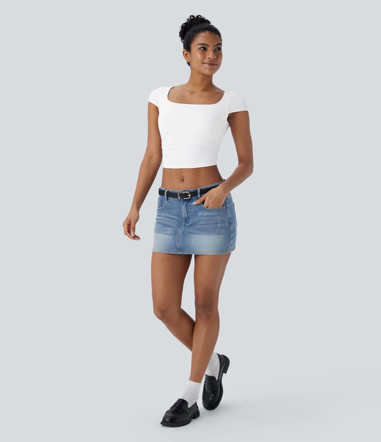 Square Neck Cap Sleeve Ruched Skinny Cropped Casual Baby Tee