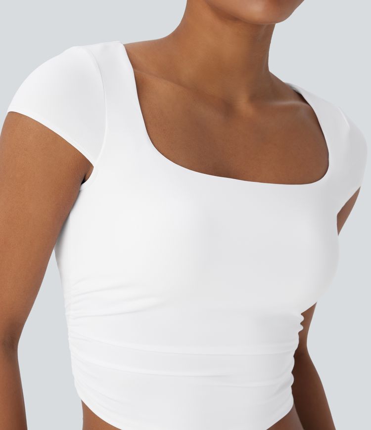 Square Neck Cap Sleeve Ruched Skinny Cropped Casual Baby Tee