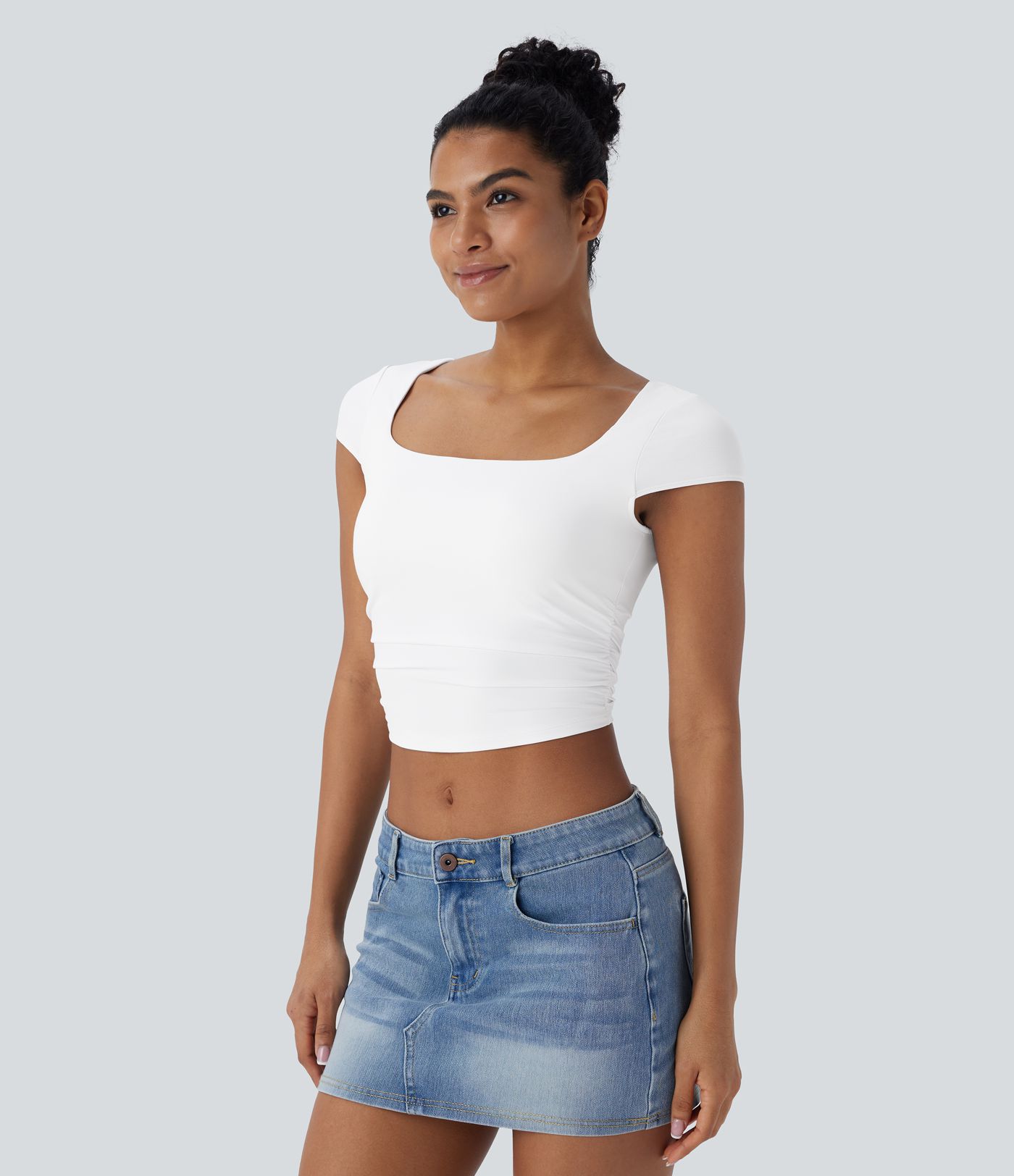 Square Neck Cap Sleeve Ruched Skinny Cropped Casual Baby Tee