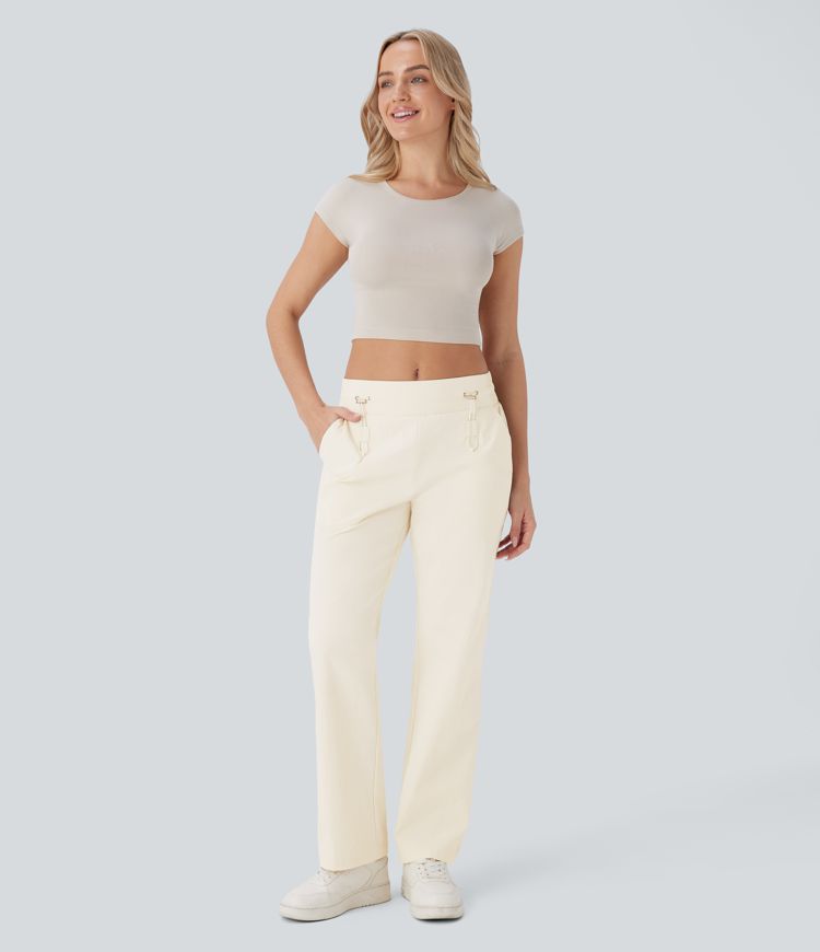 Wear-Resistant Mid Rise Pocket Straight Leg Casual Pants