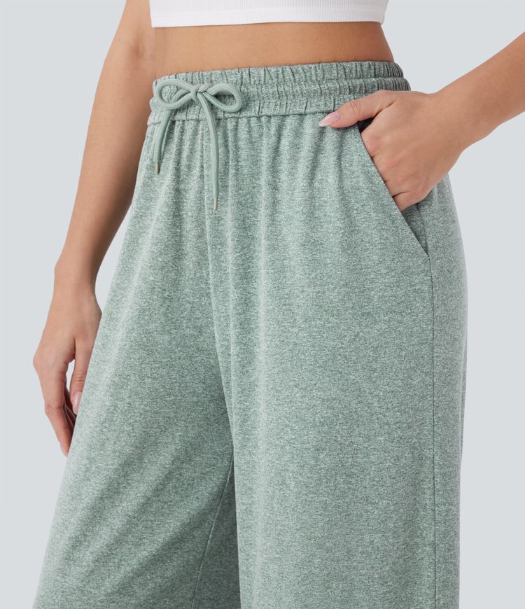 Pantalon large décontracté taille haute avec cordon de serrage et poches latérales