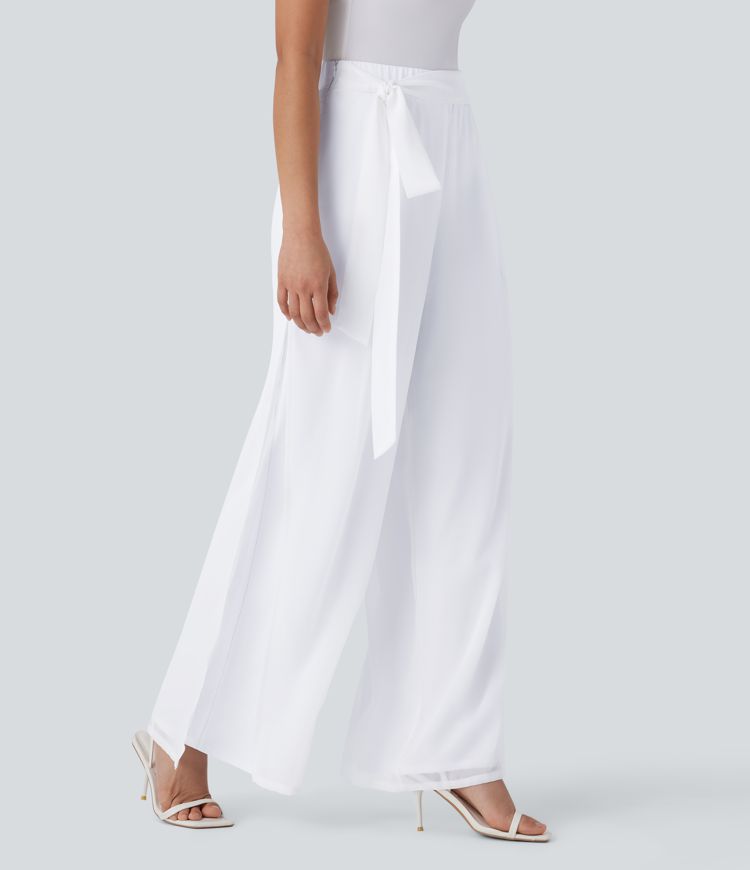 Breezeful™ High Waisted Tie Front Invisible Zipper Side Pocket Straight Leg Sheer Chiffon Flowy Quick Dry Work Trousers